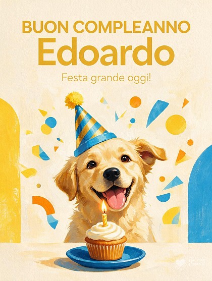 Illustrazione a tempera di un simpatico cucciolo con cappellino festoso a cono e una piccola torta con candelina accesa su sfondo chiaro.