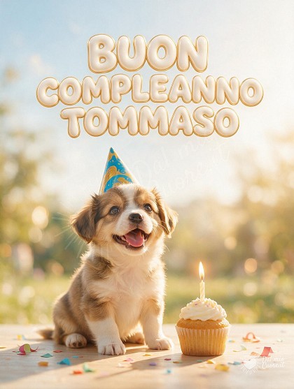 Un tenero cucciolo con cappellino da festa colorato accanto a una tortina con candelina accesa e coriandoli vivaci sotto la luce naturale del sole.
