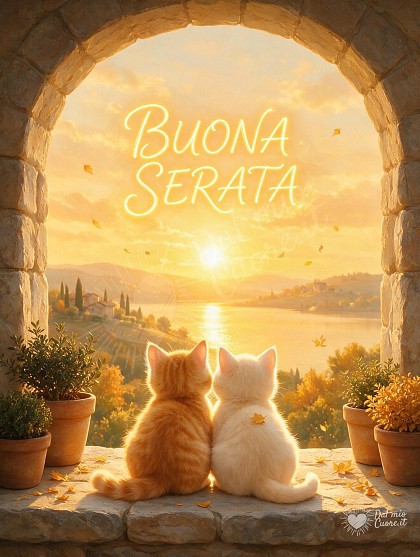 Due teneri gattini accoccolati insieme su un davanzale in pietra mentre guardano un radioso tramonto dorato autunnale.