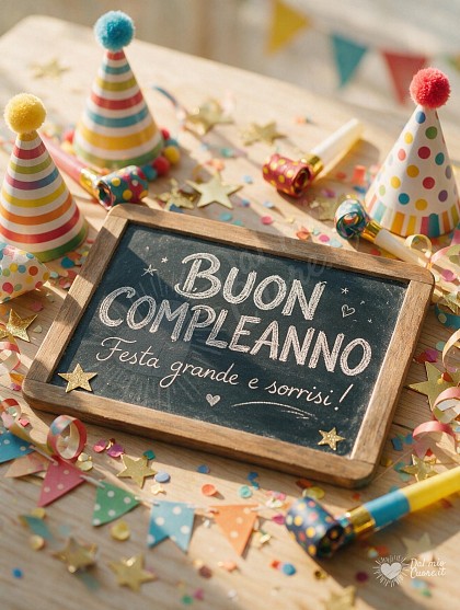 Tavola di compleanno luminosa con cappellini a pois, trombette di carta colorate, stelle dorate e coriandoli festosi.