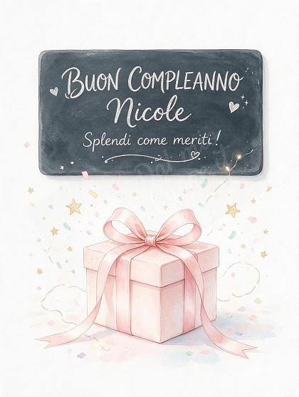 Illustrazione ad acquerello di una raffinata scatola regalo rosa cipria con grande fiocco in raso, stelle dorate e coriandoli festosi.