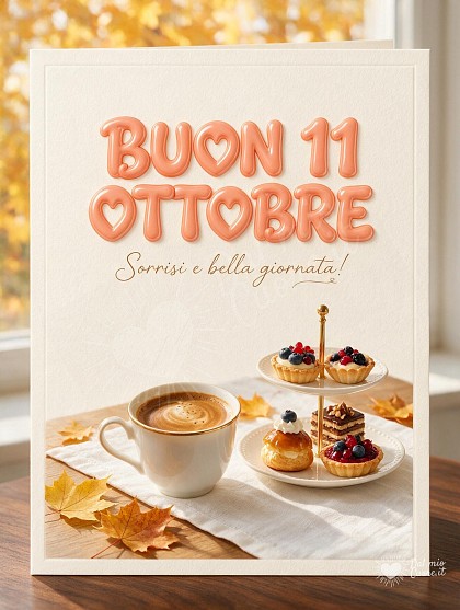 Biglietto d'autore con tazzina di caffè espresso cremoso, alzatina in porcellana con bignè e pasticcini su tovaglia bianca e luce solare autunnale.