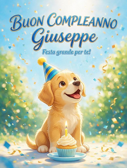 Illustrazione moderna in stile animazione 2D di un allegro cucciolo di cane con cappellino festoso, davanti a una tortina con candelina accesa tra coriandoli colorati.