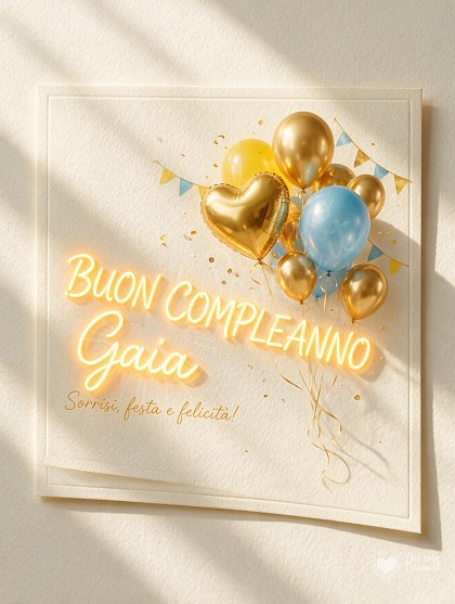 Biglietto elegante in carta cotone con palloncini lucidi colorati, palloncino a cuore dorato, festoni e coriandoli luminosi alla luce del sole.