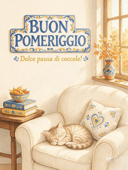 Dolce illustrazione a pastello con un soffice gattino arrotolato che fa le fusa su un cuscino chiaro illuminato dal sole pomeridiano.
