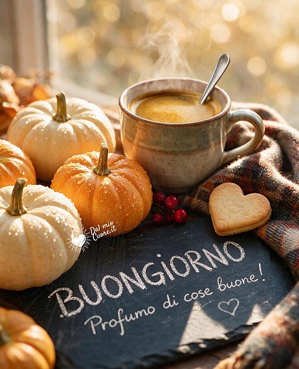 Piccole zucche ornamentali e un caffè fumante per iniziare la giornata con dolcezza.