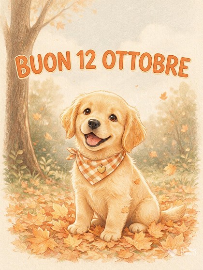 Illustrazione a pastello di un tenero cucciolo biondo con bandana autunnale e medaglietta a forma di cuore circondato da foglie dorate sotto una morbida luce diurna.