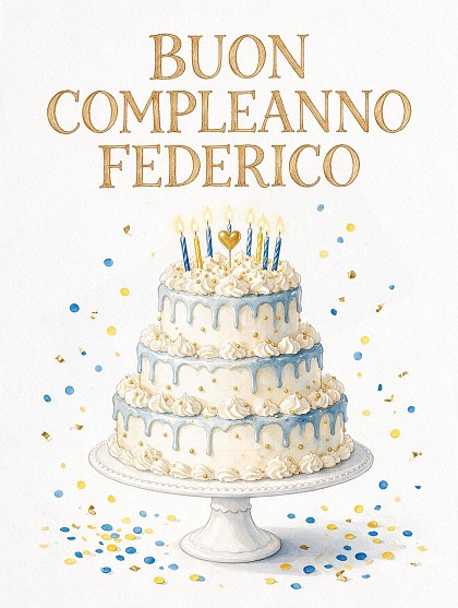Illustrazione ad acquerello di una scenografica torta di compleanno su alzatina con candeline accese, coriandoli dorati e azzurri sotto una luce limpida diurna.