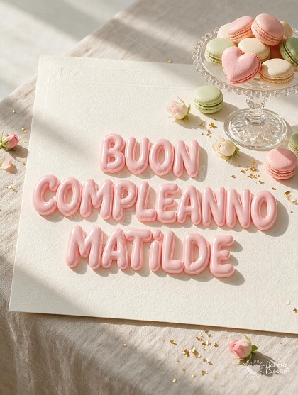 Elegante alzatina in vetro colma di macarons pastello e freschi boccioli di rosa su tovaglia di lino chiaro con coriandoli dorati.