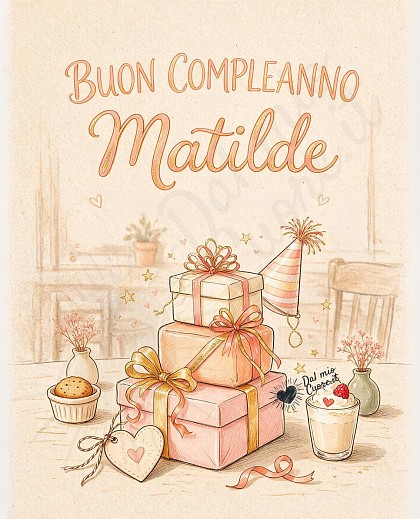 Illustrazione delicata con una pila di pacchetti regalo rosa cipria e panna legati da nastri di raso, con stelle dorate e un cartellino a forma di cuore.