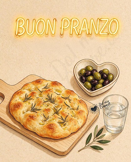 Illustrazione di una focaccia dorata al rosmarino su tagliere di legno con olive e scritta luminosa Buon Pranzo