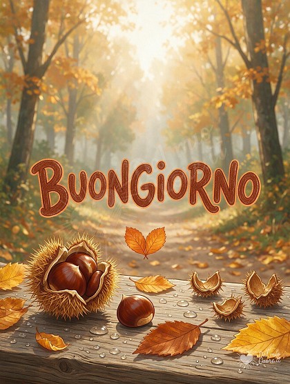 Castagne lucide e ricci aperti su un tagliere di legno in un bosco autunnale bagnato dalla pioggia del mattino.