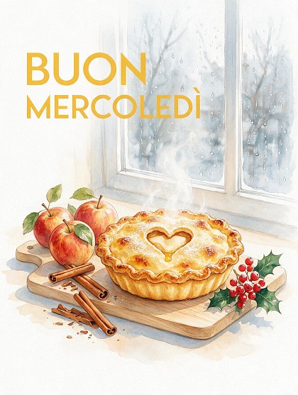 Una torta di mele appena sfornata su un tagliere rustico davanti a una finestra con gocce di pioggia.