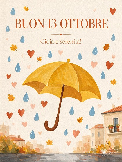Illustrazione contemporanea in gouache su cartoncino avorio con un ombrello giallo dorato, gocce di pioggia a forma di cuoricino e foglie d'autunno.