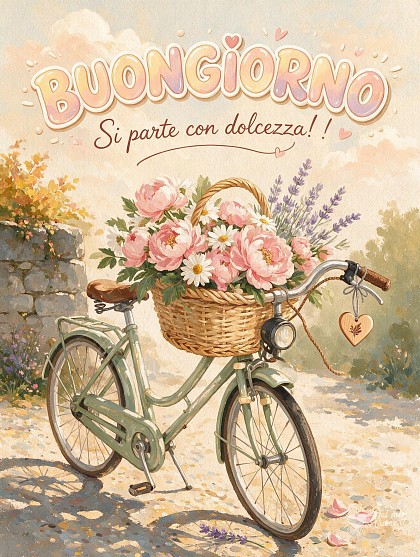 Una bicicletta vintage azzurra con un cesto in vimini colmo di peonie rosa e lavanda al sole mattutino.