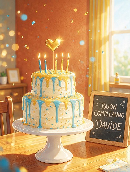 Torta di compleanno festosa a strati con panna soffice, candeline accese scintillanti e cartello in ardesia con scritta per Davide.