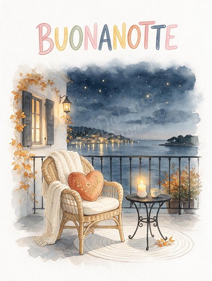 Terrazzino panoramico di notte con poltroncina in vimini, cuscino con cuore ricamato, candela accesa e vista sulle luci della baia sotto le stelle con la scritta BUONANOTTE!.