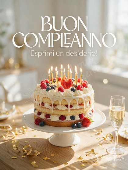 Spettacolare torta di compleanno a più strati decorata con panna montata, frutti di bosco freschi e candeline accese scintillanti su un tavolo festoso illuminato dal sole.