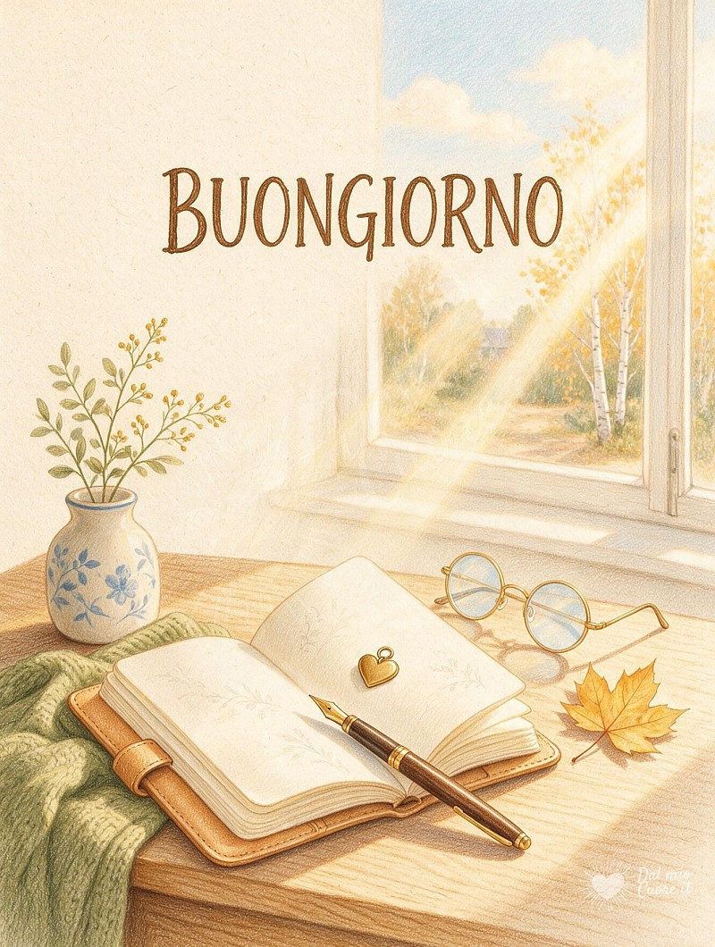Buongiorno con taccuino occhiali e luce d'autunno