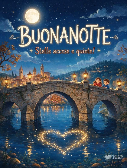 Buonanotte con ponte antico e luna sul fiume