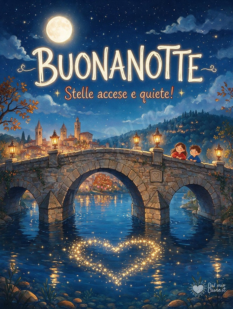 Buonanotte con ponte antico e luna sul fiume