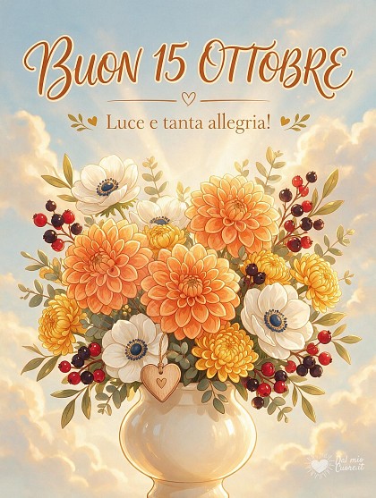 Composizione floreale autunnale con grandi dalie arancioni, crisantemi dorati e un cuoricino tra i petali, illuminata dalla luce del sole.