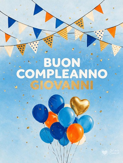 Illustrazione a gouache con grappolo di palloncini lucidi blu, oro e arancioni, festoni geometrici e coriandoli festosi.