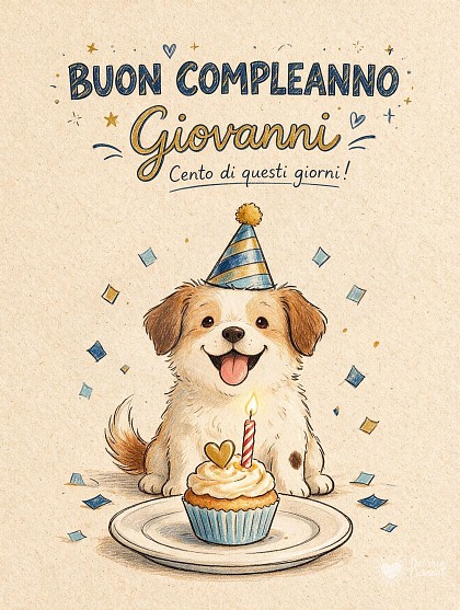 Illustrazione a disegno dolce su carta kraft con tenero cucciolo con cappellino festoso e piattino con tortina e candelina accesa per il compleanno di Giovanni.