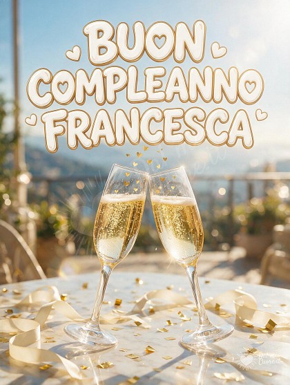 Due eleganti calici di cristallo colmi di spumante dorato e bollicine vivaci brindano su una terrazza panoramica baciata dal sole, con coriandoli dorati e la scritta festosa Buon Compleanno Francesca.