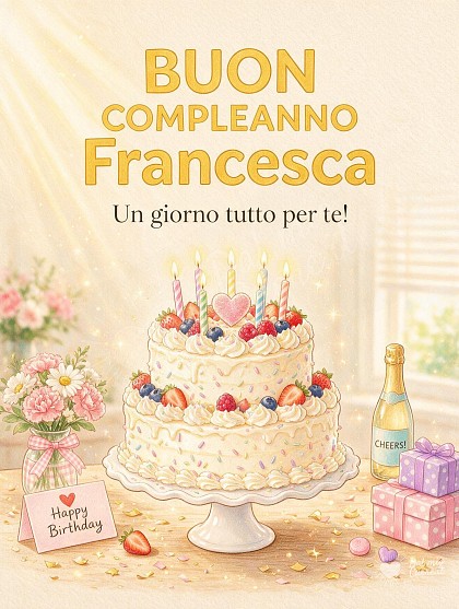 Illustrazione delicata di una torta di compleanno a strati su alzatina in ceramica con soffice panna, candeline accese e coriandoli colorati.