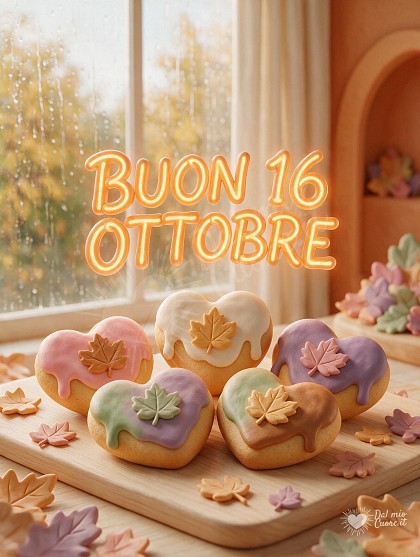 Composizione tridimensionale in stile argilla soffice con vassoio di biscottini dorati a forma di cuore e scritta al neon Buon 16 Ottobre.
