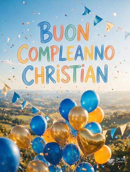 Grappolo di palloncini lucidi azzurri, dorati e arancioni che salgono verso il cielo soleggiato con coriandoli scintillanti e festoni di festa per il compleanno di Christian.