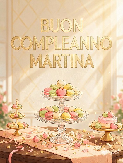 Illustrazione solare di un'alzatina in vetro con deliziosi macarons pastello, boccioli di rosa, coriandoli dorati e la scritta festosa BUON COMPLEANNO Martina.