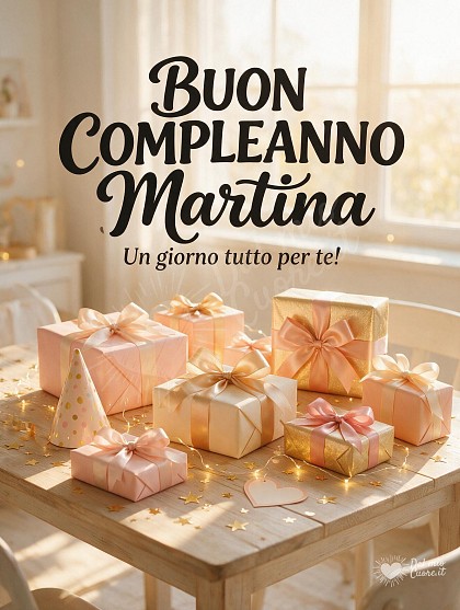 Tavolo luminoso con pacchetti regalo eleganti dai fiocchi in raso, stelle dorate, un cartellino a cuore e la scritta di auguri per Martina.