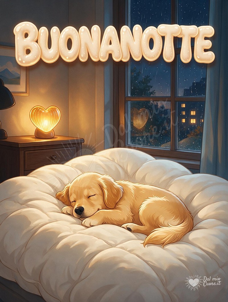 Buonanotte con cucciolo addormentato sul soffice piumone