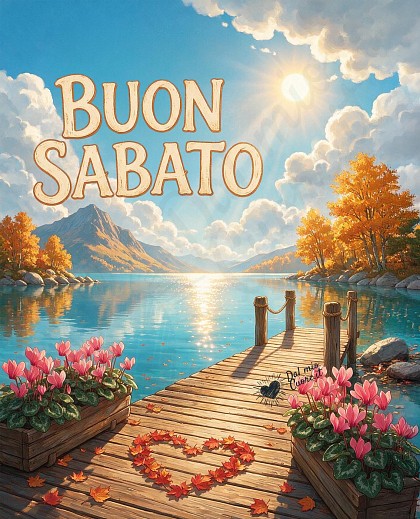 Illustrazione vivace e solare di un pontile in legno sul lago con foglie d'autunno dorate e luce che filtra tra le nuvole.