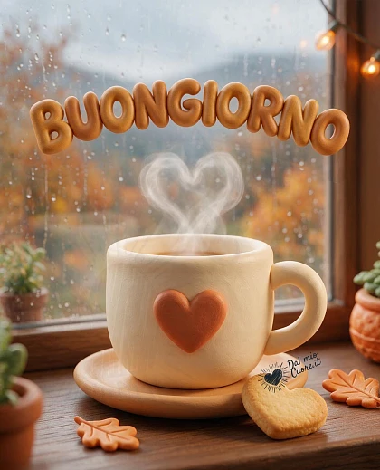 Buongiorno con tazzina fumante e cuore