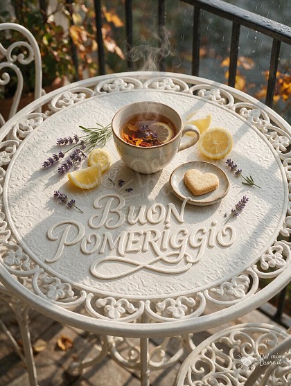 Composizione zenitale su un tavolino in ferro battuto di una terrazza panoramica, con tazza fumante, frollino a forma di cuore e rametti di lavanda.