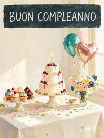 Tavola imbandita di compleanno in stile illustrazione gouache con torta a piani, candeline accese, cupcake, vaso di fiori freschi e palloncini colorati.