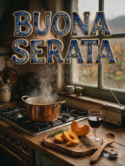 Cucina rustica e accogliente con pentola fumante sui fornelli, tagliere con verdure d'autunno, calice di vino rosso e scritta decorativa Buona serata.