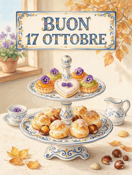 Illustrazione a pastello di un'alzatina in ceramica a due piani con dolcetti glassati, biscottino a cuore e fiori eduli sotto una luce autunnale.