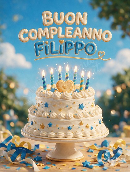 Una ricca torta di compleanno a strati in stile scultura soffice 3D con glassa cremosa, candeline accese scintillanti, zuccherini dorati e coriandoli festosi azzurri e dorati.