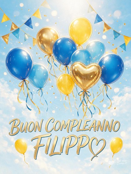 Composizione luminosa diurna con grappoli di palloncini lucidi blu, azzurri e dorati che volano verso l'alto con bandierine e coriandoli festosi.