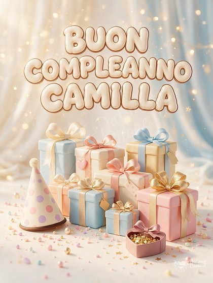 Composizione allegra con pacchetti regalo color pastello impreziositi da grandi fiocchi in raso lucido, stelline dorate, coriandoli e la scritta festosa per Camilla.