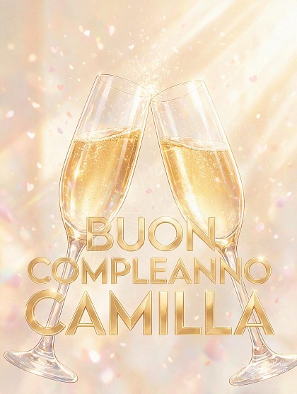 Due eleganti calici di cristallo colmi di spumante dorato che brindano tra bollicine scintillanti, riflessi solari e coriandoli a forma di cuore.