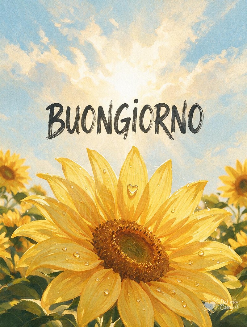 Buongiorno con girasoli dorati e sole del mattino