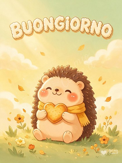 Un piccolo riccio con sciarpa e biscotto a forma di cuore tra foglie autunnali e sole del mattino.