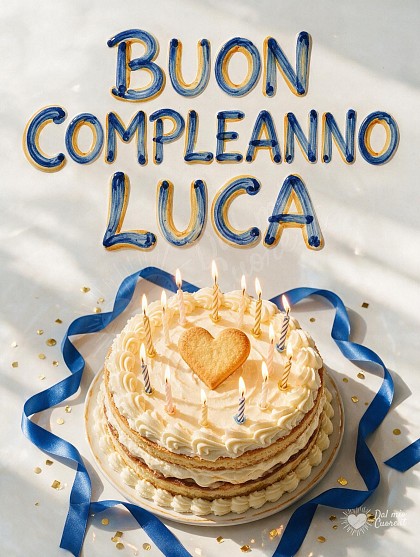 Composizione vista dall'alto di una torta di compleanno con candeline accese, nastri blu e coriandoli dorati su fondo ceramico chiaro.