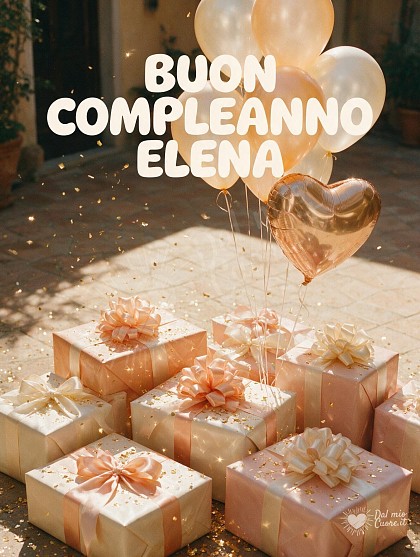 Composizione luminosa con eleganti pacchi regalo avvolti da nastri in raso color cipria e pesca, grappolo di palloncini fluttuanti con un palloncino a forma di cuore e la scritta Buon Compleanno Elena.