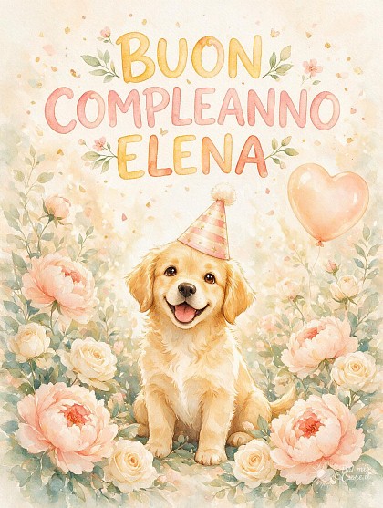 Illustrazione ad acquerello a tutto campo di un soffice cucciolo biondo con cappellino da festa, peonie fiorite e scritta BUON COMPLEANNO Elena.